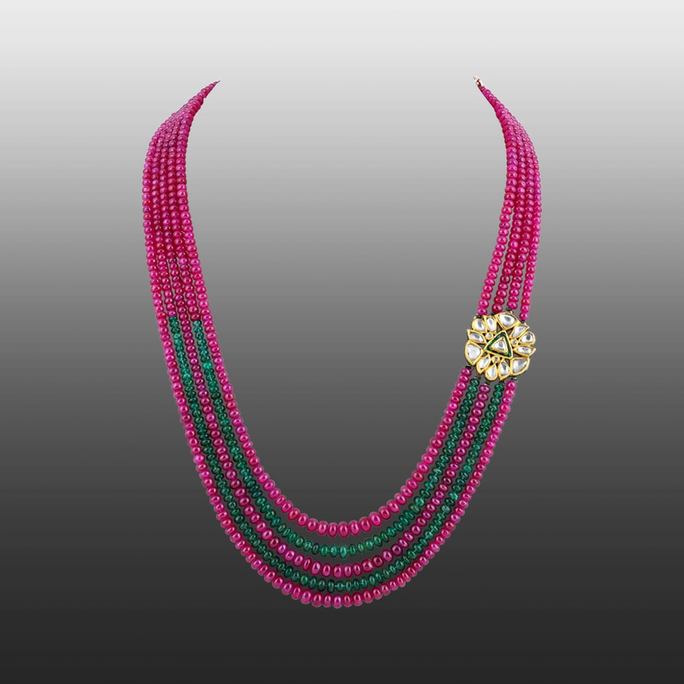 Multi-Strand Ruby and Emerald Necklace with Polki Floral Motif